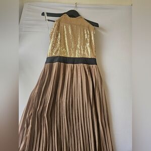 Marineblu  Size L Gold Sequin Halter Dress with Pleated Skirt High Low.